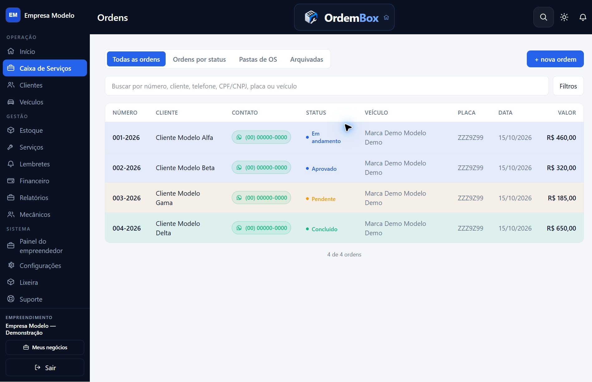 Tela real de ordens de serviço do OrdemBox com dados fictícios