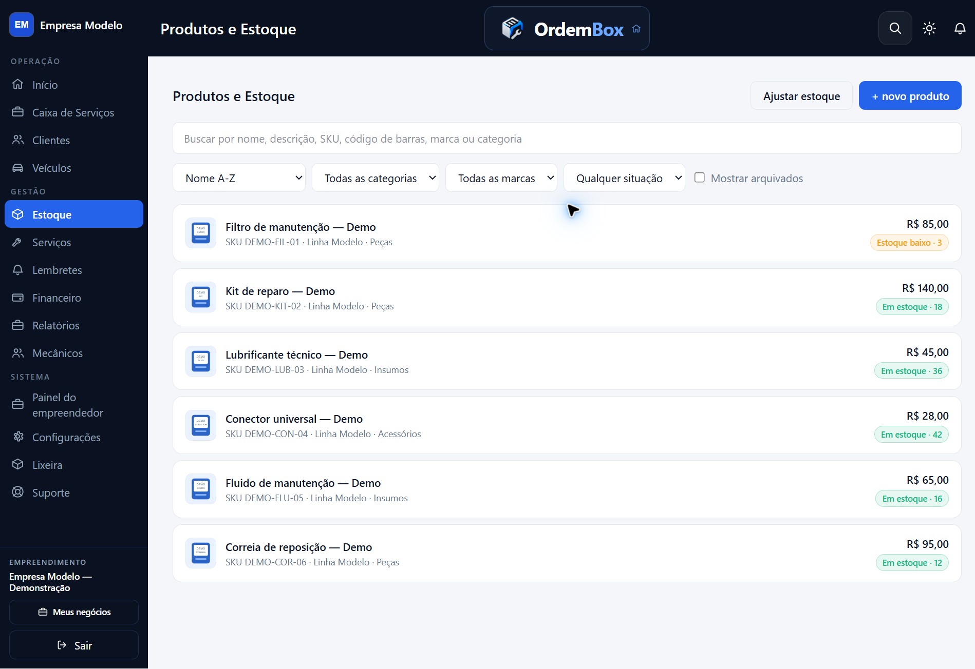 Tela real de estoque do OrdemBox com dados fictícios